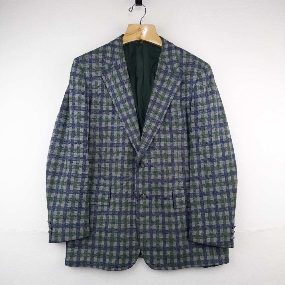 70's Vtg Izod Tartan Plaid Wool Sport Coat Blazer Jacket 40R Blue Green USA